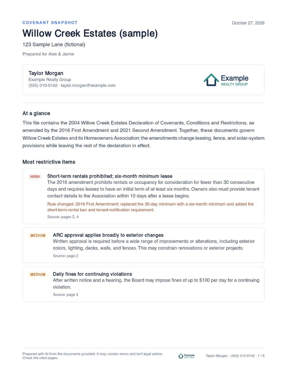 Sample Covenant Snapshot, page 1: Report overview
